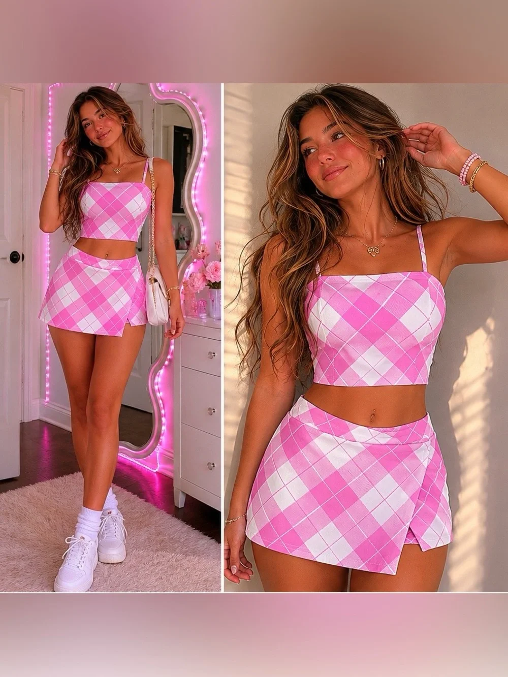 Rue21 Pink Argyle Matching Set | Crop Top & Mini Skort | Y2K Barbiecore | Size L - Picture 1 of 6